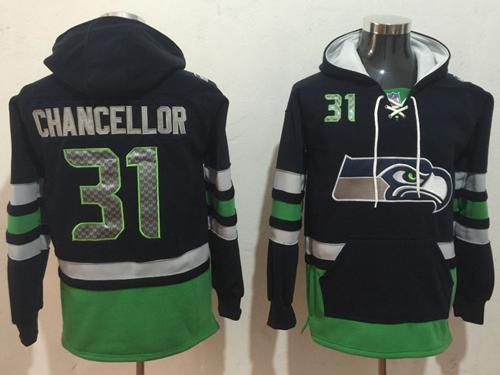 Nike Seahawks #31 Kam Chancellor Navy Blue/Green Name & Number Pullover NFL Hoodie - Click Image to Close
